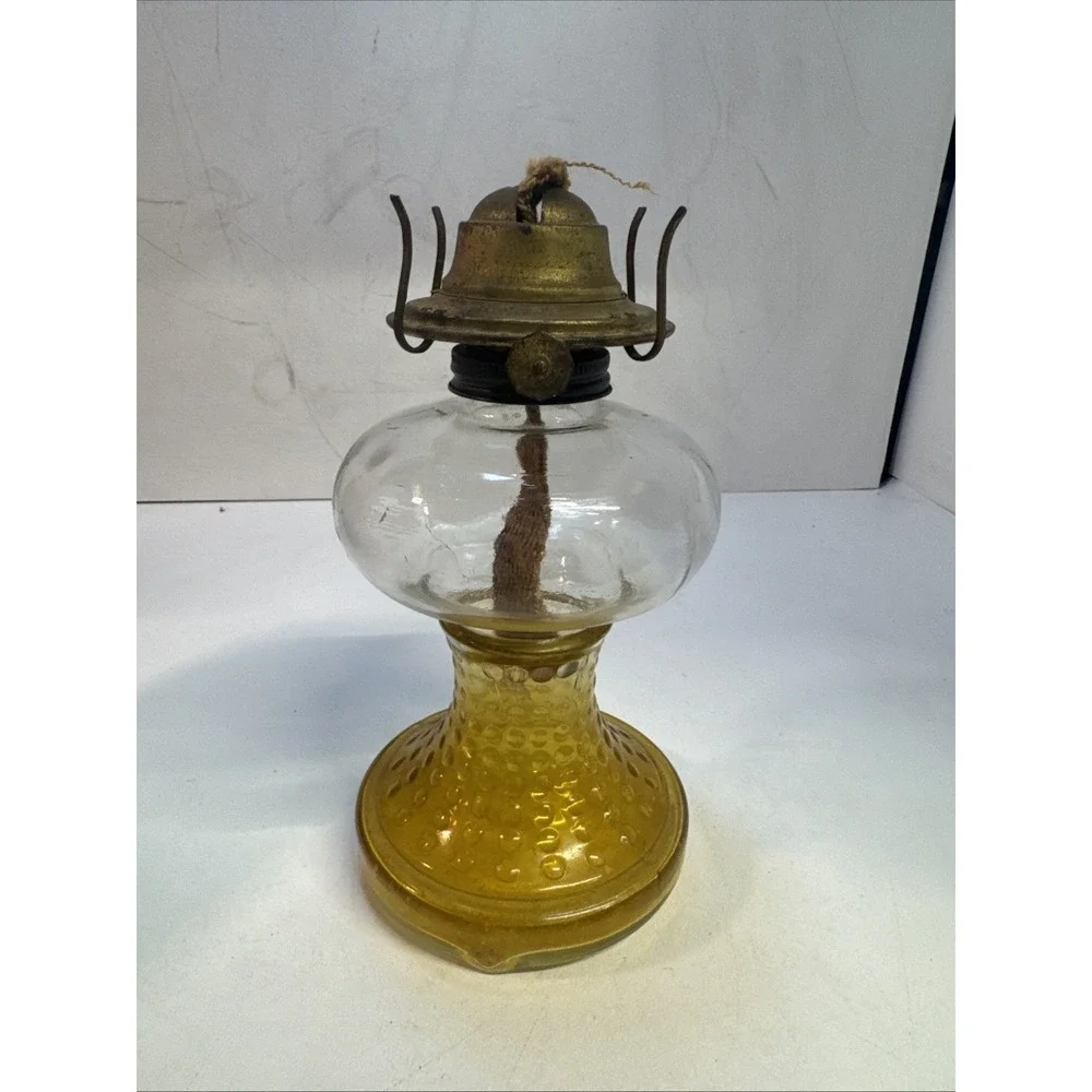 Vintage ‎ Hobnail  to Clear Orange/Amber Glass Oil Kerosene Lamp